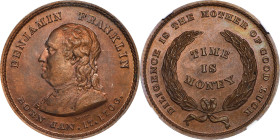 "1706" (ca. 1860) Benjamin Franklin Time is Money Medal. By Joseph Merriam. Greenslet GM-61, Schenkman-C11. Rarity-5. Copper. MS-65 RB (NGC).
31 mm....