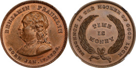 "1706" (ca. 1860) Benjamin Franklin Time is Money Medal. By Joseph Merriam. Greenslet GM-61, Schenkman-C11. Rarity-5. Copper. MS-64 RB (NGC).
31 mm....