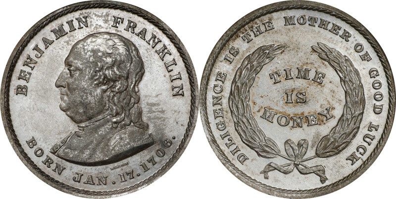 "1706" (ca. 1860) Benjamin Franklin Time is Money Medal. By Joseph Merriam. Gree...