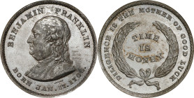 "1706" (ca. 1860) Benjamin Franklin Time is Money Medal. By Joseph Merriam. Greenslet GM-61, Schenkman-C11. Rarity-4. White Metal. MS-63 (NGC).
31 mm...