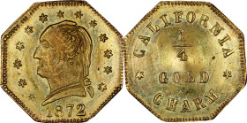 1872 California Gold Charm 1/4. Octagonal Type III. Musante GW-819, Baker-504. Gold. Mint State.
9.5 mm.