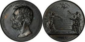 1865 French Lincoln Tribute Medal. By F. Magniadas. Cunningham 9-010Bz, King-245. Bronze. About Uncirculated, Environmental Damage, Edge Nick.
83 mm....