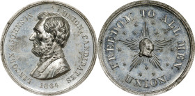 1864 Abraham Lincoln Campaign Medal. DeWitt-AL 1864-5, Cunningham 3-060W, King-77, Musante GW-719, Baker-383C. White Metal. MS-63 PL (NGC).
32 mm.
S...