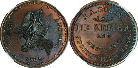 1862 Young America / J.A. Bolen Store Card. Musante JAB-5, Rulau Ma-Sp 4. Copper. MS-63 BN (NGC).
28 mm.