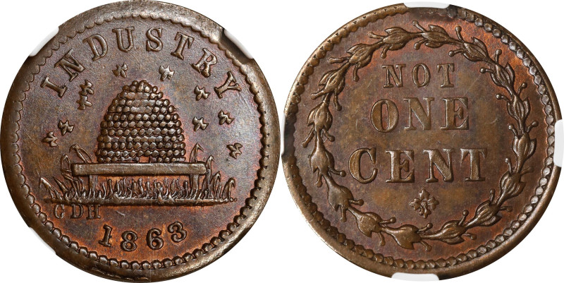 1863 Beehive / NOT ONE CENT. Fuld-188/384 a. Rarity-3. Copper. Plain Edge. MS-66...