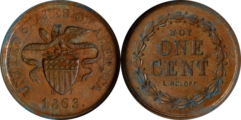 1863 Eagle on Shield / NOT ONE CENT L. ROLOFF. Fuld-197/378 a. Rarity-8. Copper....