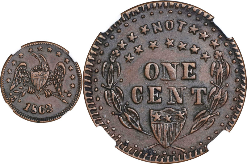 1863 Heraldic Eagle / NOT ONE CENT. Fuld-285/383 a. Rarity-7. Copper. Plain Edge...