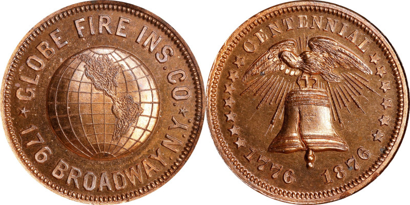 New York--New York. 1876 Globe Fire Ins. Co. Rulau NY-NY 95. Copper. Plain Edge....