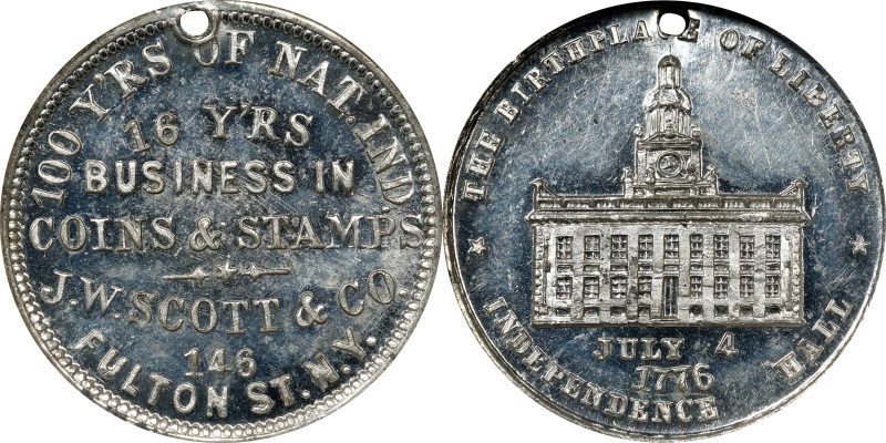 New York--New York. "1776" (1876) J.W. Scott & Co. Rulau NY-NY 835. White Metal....