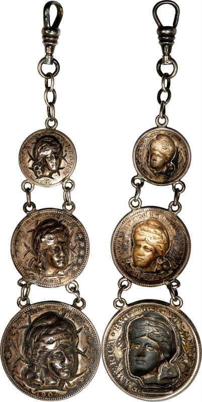 Linked pendant fashioned out of (3) Liberty Head "Pop Out" Repousse coins on 190...