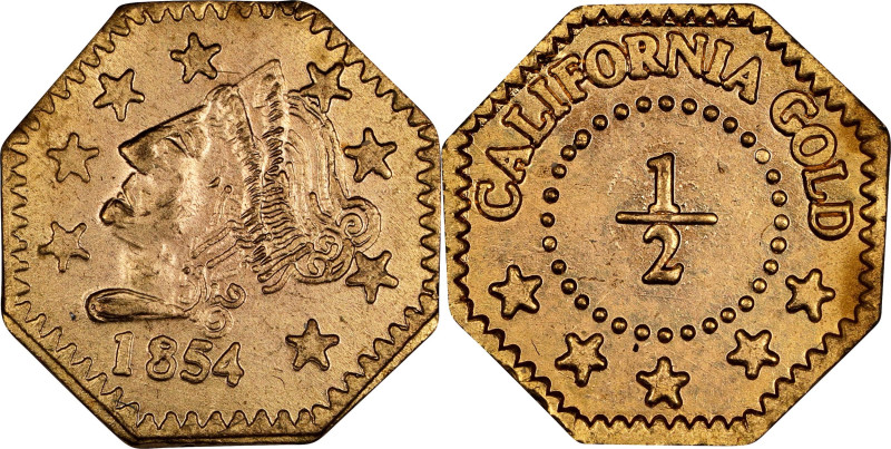 "1854" California Gold Charm. Octagonal 1/2. Liberty Head / Inscription. Gold-Pl...