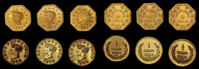 Lot of (6) California Gold Charms. Indian Head / Wreath.
Pieces are dated 1852 or 1853. Included are: (3) round 1/4; and (3) octagonal 1/2. All are g...