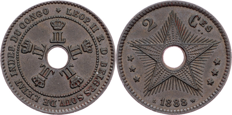 Belgian Congo, 2 Centimes 1888 Belgian Congo, 2 Centimes 1888, Copper, KM# 2; EF...