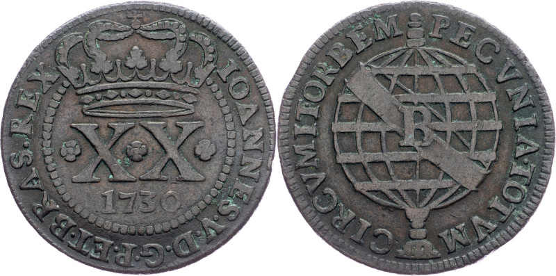 Brazil, 20 Reis 1730 Cobre, 20 Reis 1730, LMB C075; VF

Grade: VF