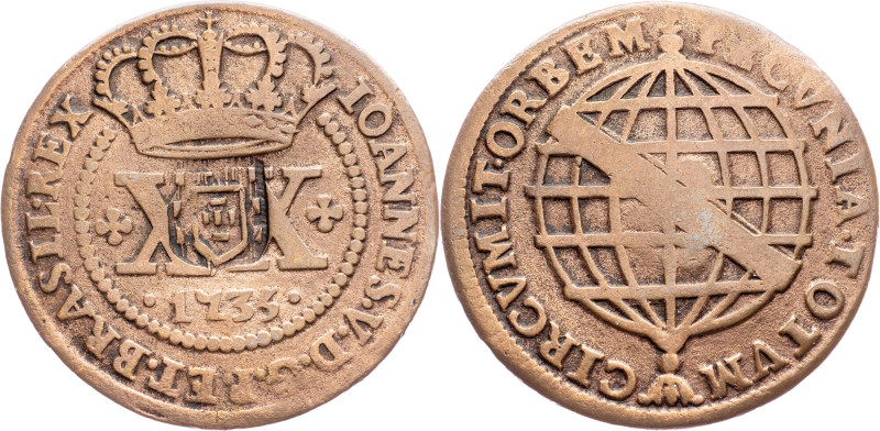 Brazil, 20 Reis 1735 Cobre, 20 Reis 1735, LMB C050; VF

Grade: VF