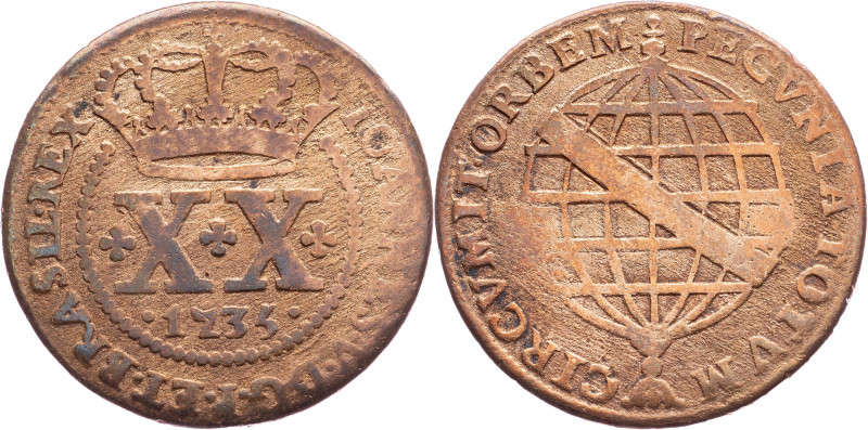 Brazil, 20 Reis 1735 Cobre, 20 Reis 1735, LMB C048; aVF

Grade: aVF