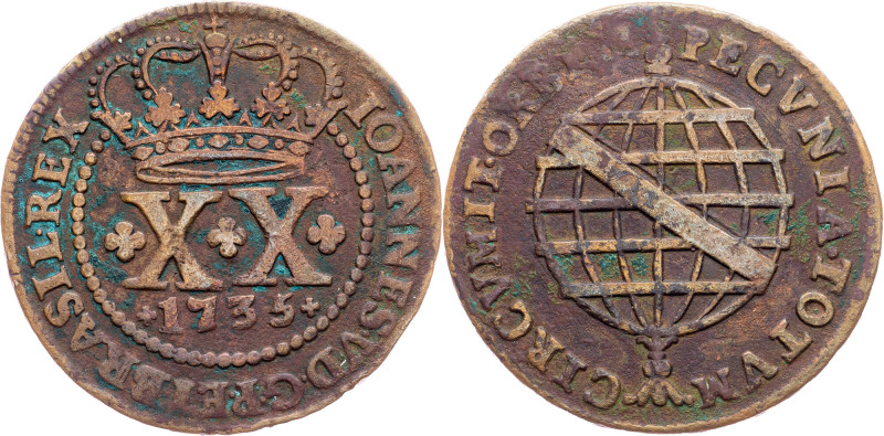 Brazil, 20 Reis 1735 Cobre, 20 Reis 1735, LMB C052; VF

Grade: VF