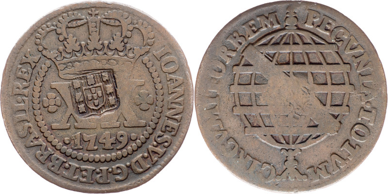 Brazil, 20 Reis 1749 Cobre, 20 Reis 1749, LMB C067; VF

Grade: VF