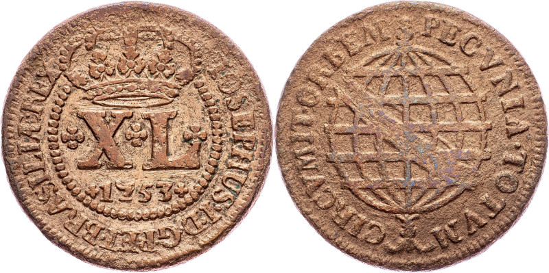 Brazil, 40 Reis 1753 Cobre, 40 Reis 1753, LMB C110; F

Grade: F