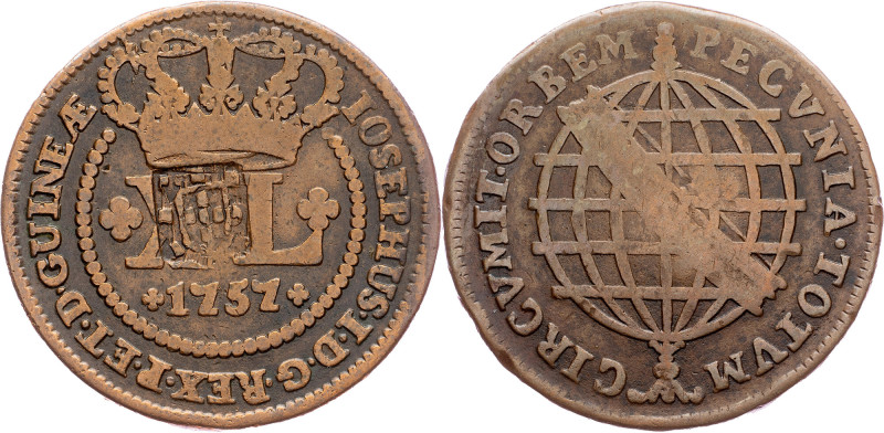 Brazil, 40 Reis 1757 Cobre, 40 Reis 1757, LMB C175; VF

Grade: VF