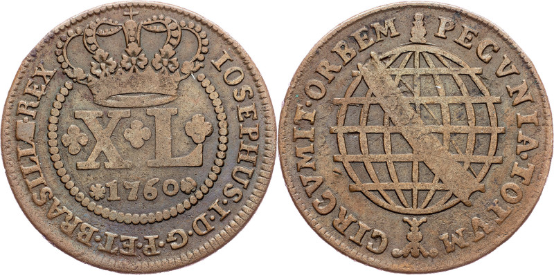 Brazil, 40 Reis 1760 Cobre, 40 Reis 1760, LMB C111; VF

Grade: VF