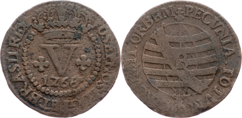 Brazil, 5 Reis 1766 Cobre, 5 Reis 1766, LMB C179; aVF

Grade: aVF