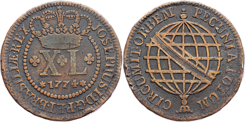 Brazil, 40 Reis 1774 Cobre, 40 Reis 1774, LMB C152|rare; VF

Grade: VF