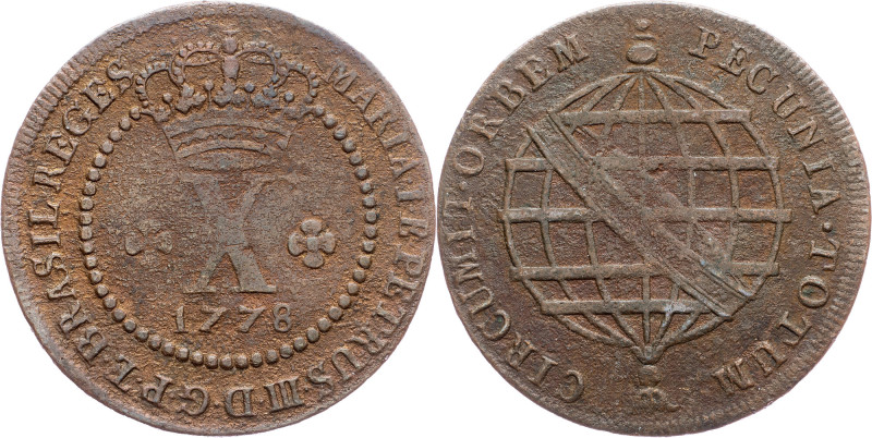 Brazil, 10 Reis 1778 Cobre, 10 Reis 1778, LMB C266; F+

Grade: F+