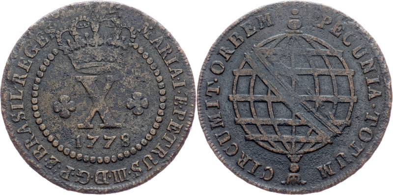 Brazil, 10 Reis 1778 Cobre, 10 Reis 1778, LMB C266; F+

Grade: F+