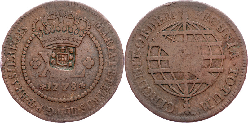 Brazil, 40 Reis 1778 Cobre, 40 Reis 1778, LMB C287; VF

Grade: VF