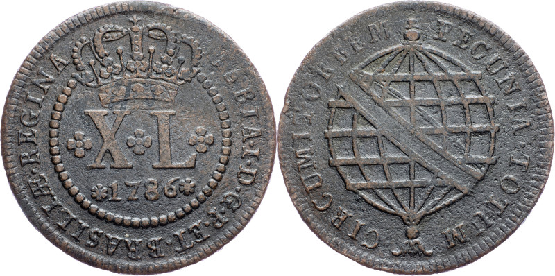 Brazil, 40 Reis 1786 Cobre, 40 Reis 1786, LMB C318|rare; aVF

Grade: aVF