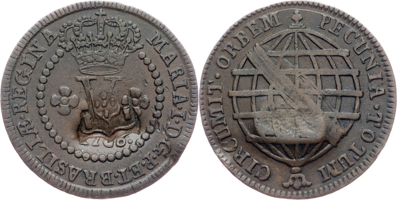 Brazil, 5 Reis 1786 Cobre, 5 Reis 1786, LMB C295; VF+

Grade: VF+