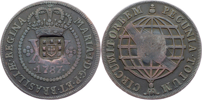 Brazil, 20 Reis 1787 Cobre, 20 Reis 1787, LMB C314; VF

Grade: VF