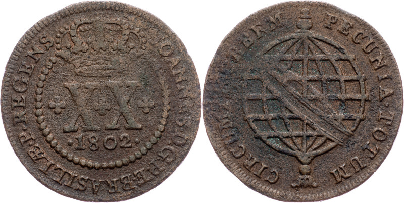 Brazil, 20 Reis 1802 Cobre, 20 Reis 1802, LMB C371; F

Grade: F