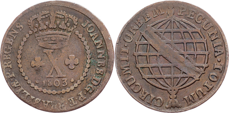 Brazil, 10 Reis 1803 Cobre, 10 Reis 1803, LMB C383; VF

Grade: VF