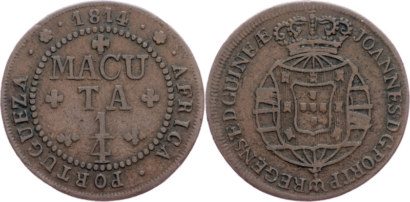 Brazil, 1/4 Macuta 1814 Cobre, 1/4 Macuta 1814, LMB C465; VF

Grade: VF