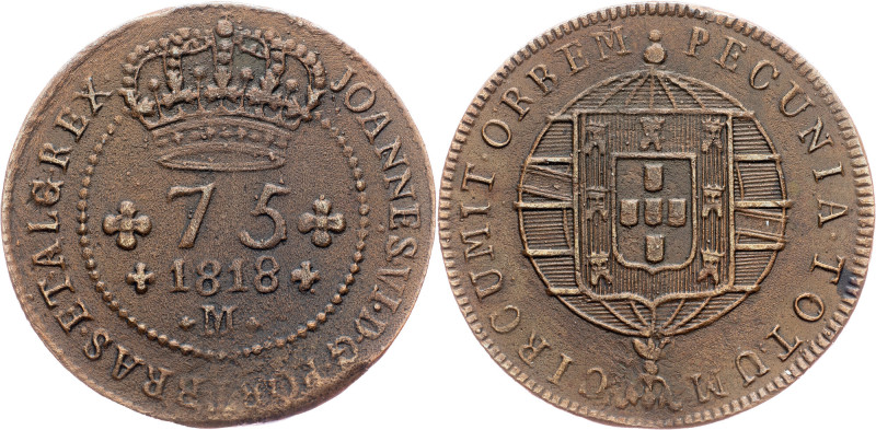 Brazil, 75 Reis 1818 Cobre, 75 Reis 1818, LMB C555|rare in this grade; EF

Gra...