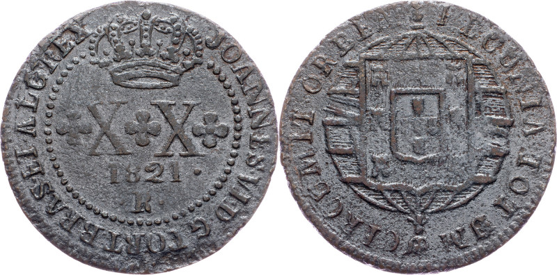 Brazil, 20 Reis 1821 Cobre, 20 Reis 1821, LMB C508; aVF

Grade: aVF