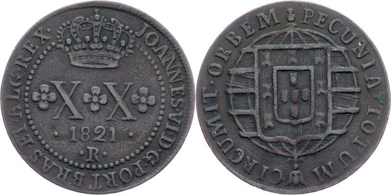 Brazil, 20 Reis 1821 Cobre, 20 Reis 1821, LMB C508; VF

Grade: VF