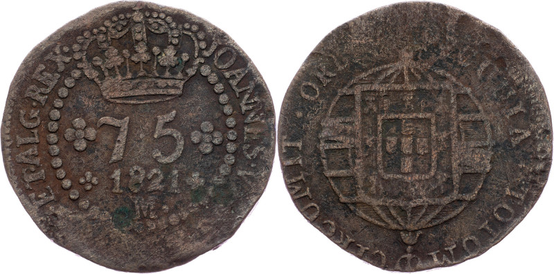 Brazil, 75 Reis 1821 Cobre, 75 Reis 1821, LMB C557a; F

Grade: F