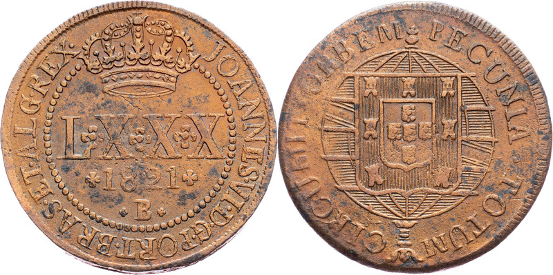 Brazil, 80 Reis 1821 Cobre, 80 Reis 1821, LMB C493|cleaned; aEF

Grade: aEF