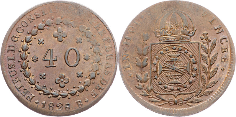 Brazil, 40 Reis 1826 Cobre, 40 Reis 1826, LMB C598|weakly strike; EF

Grade: E...