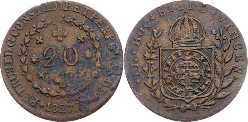 Brazil, 20 Reis 1827 Cobre, 20 Reis 1827, LMB C583; VF

Grade: VF