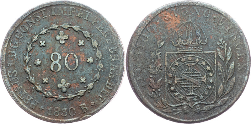 Brazil, 80 Reis 1830 Cobre, 80 Reis 1830, LMB C659; VF

Grade: VF