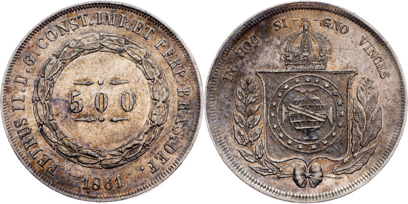 Brazil, 500 Reis 1861 Brazil, 500 Reis 1861, Ag, LMB P594; aEF

Grade: aEF