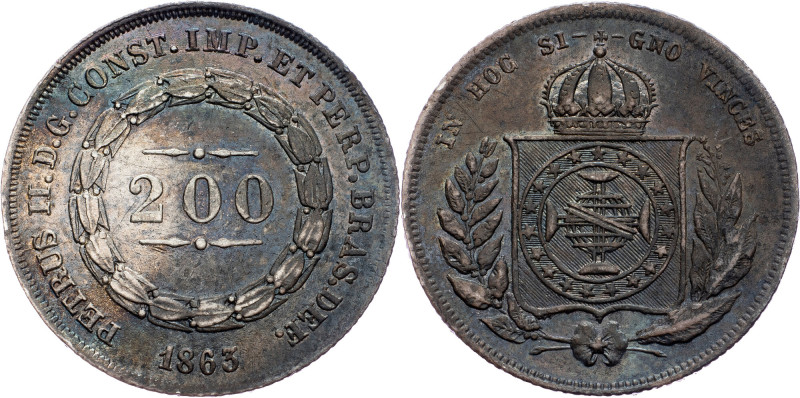 Brazil, 200 Reis 1863 Brazil, 200 Reis 1863, Ag, LMB P581|Beautiful toning, rema...