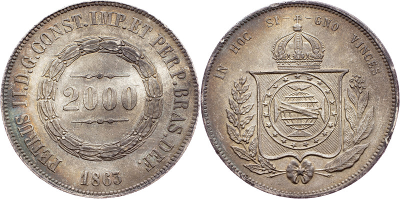 Brazil, 2000 Reis 1863 Brazil, 2000 Reis 1863, Ag, LMB P622|Beautiful toning, mi...