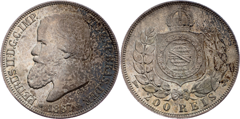 Brazil, 200 Reis 1867 Brazil, 200 Reis 1867, Ag, LMB P627|Beautiful toning, mint...