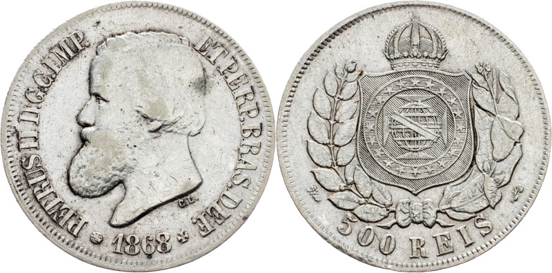 Brazil, 500 Reis 1868 Brazil, 500 Reis 1868, Ag, LMB P631; aVF

Grade: aVF