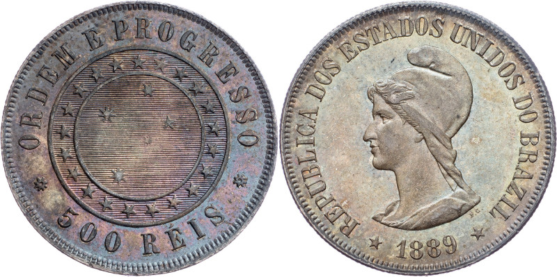 Brazil, 500 Reis 1889 Brazil, 500 Reis 1889, Ag, LMB P672|Beautiful toning, mint...